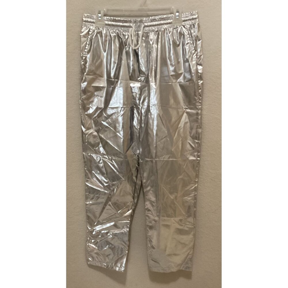 Silver Metallic Jogger Pants With Elastic Waist & Drawstring For Men/Women - Shi